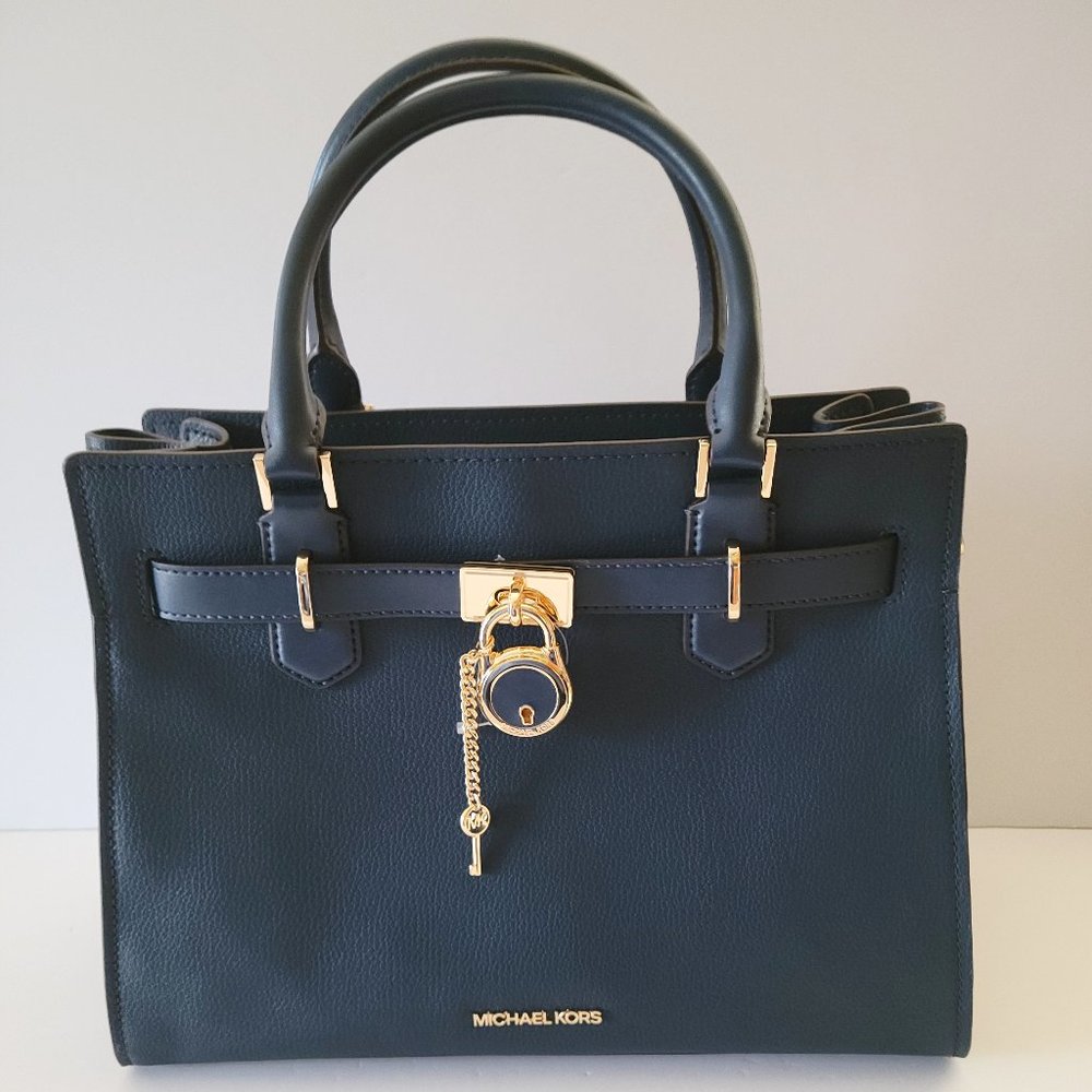 Michael Kors Hamilton Medium Satchel Crossbody Handbag Navy Leather